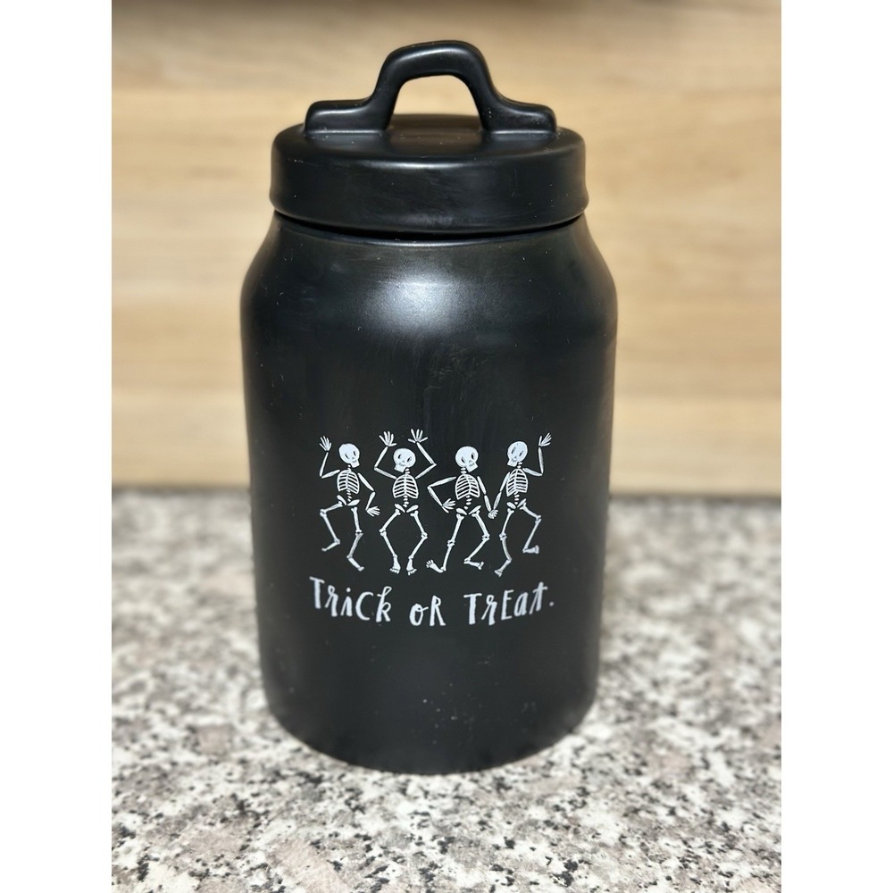 Rae Dunn Halloween "Trick or Treat" Dancing Skeletons Black Matte Canister